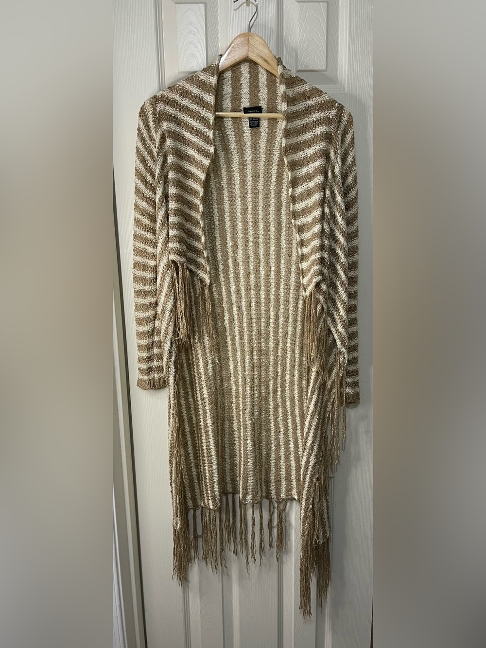Brown Cream Striped Bohemian Crochet Knit Cardigan fringe Sweater Cover Up Large